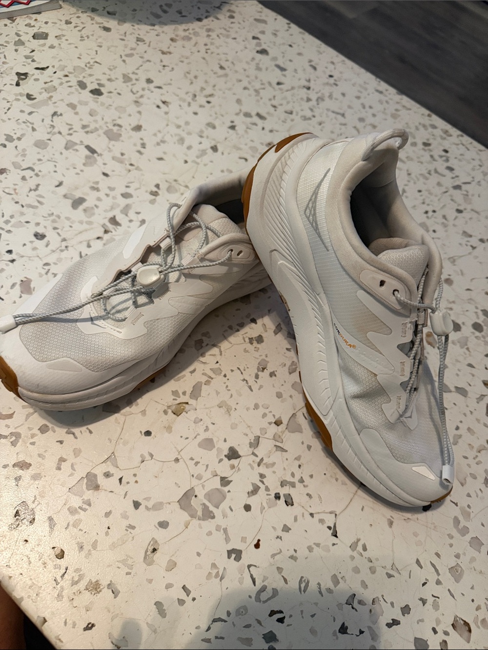 Hoka White Athletic Sneakers with Gum Accents and Toggle Laces